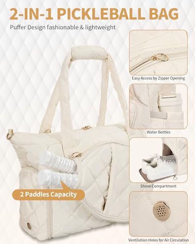 ESTARER Pickleball Tote Bag for Women with Shoe Compartment Large Pickleball Paddle Storage & Fence Hook - color: Off-white