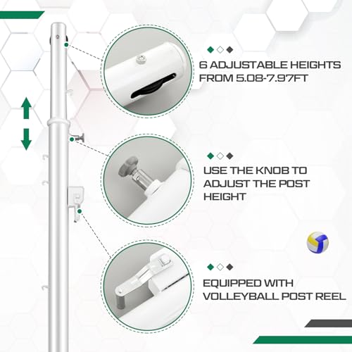 8 ft Adjustable Volleyball Poles Outdoor Badminton and Volleyball Post Iron Round Sport Telescopic Posts Replacement for Badminton Net, Ground Sleeves Included (Posts Only)