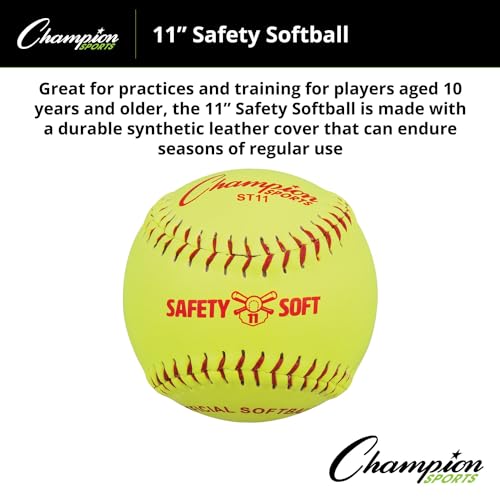 Champion Sports Safety Softballs – Pack of 12 Balls - Soft Rubber Core - Synthetic Leather - Optic Yellow in 11" & 12" Sizes - size: 11"