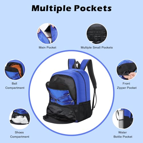 MoKo Basketball Bag Backpack, Soccer Backpack for Men & Women with Separate Ball and Shoes Compartments, Water-Resistant, Fence Hook, Sports Bag for Clothes, Shoes, Tablets, Laptops, Blue - color: Blue