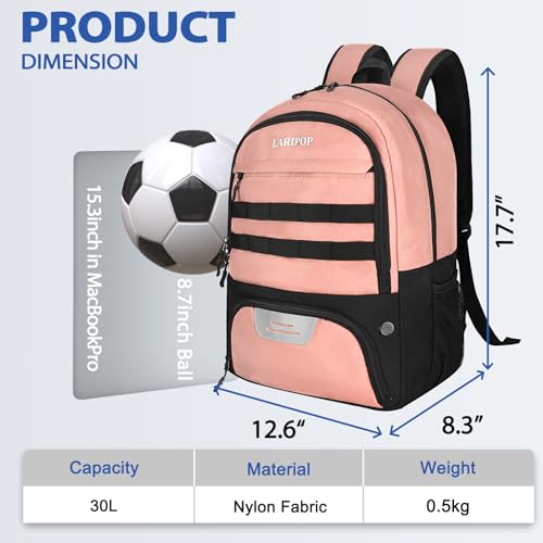 LARIPOP Soccer Backpack with Ball Holder & Shoe Compartment Large Capacity Youth Sports Bag for Training - color: Flesh Pink