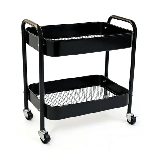 2 Tier Metal Rolling Utility Cart with Wheels Under Desk Storage Cart with Handle, Roll Around Organizer Trolley for Small Space Pantry Bathroom Home Kitchen Office Snack Baby Supplies, Black