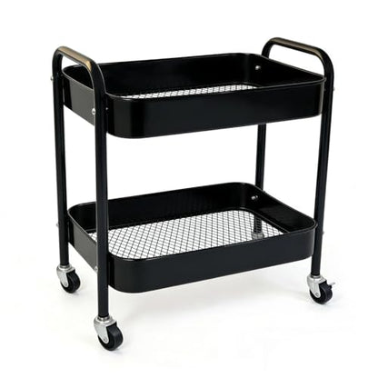 2 Tier Metal Rolling Utility Cart with Wheels Under Desk Storage Cart with Handle, Roll Around Organizer Trolley for Small Space Pantry Bathroom Home Kitchen Office Snack Baby Supplies, Black
