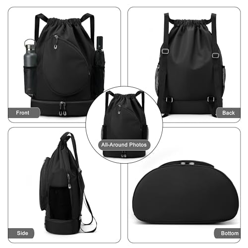 Sports Drawstring Backpack, Badminton Gym Bag Holds 2 Rackets with Shoe Compartment, Off-work, Everyday & Overnight Weekend - color: Black