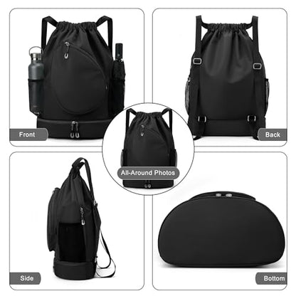 Sports Drawstring Backpack, Badminton Gym Bag Holds 2 Rackets with Shoe Compartment, Off-work, Everyday & Overnight Weekend - color: Black