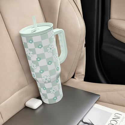 SANDJEST 40oz Daisy Flower Tumbler with Handle and Straw - Insulated Stainless Steel Coffee Travel Mug for Women Girls, Floral Gift Idea for Birthday Christmas - color: Checker Daisy