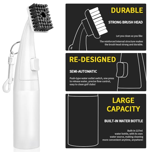 Pro Golf Club Brush Cleaner - Squeeze Bottle with Nylon Bristles - Push Button Spray - 9.8 Inches Holds 8 Oz Water - Best Golf Gifts for Men/Women (White)