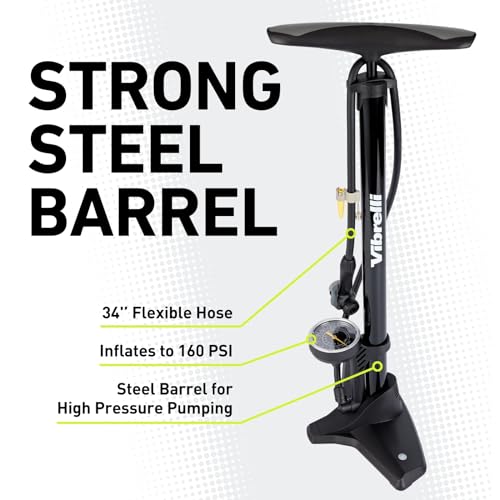 Vibrelli Vibrelli Bike Floor Pump with Gauge - High Pressure 160 PSI - Presta Valve Bike Pump Automatically Switches to Schrader - Bicycle Pump Comes with Glueless Puncture Kit