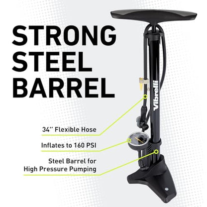 Vibrelli Vibrelli Bike Floor Pump with Gauge - High Pressure 160 PSI - Presta Valve Bike Pump Automatically Switches to Schrader - Bicycle Pump Comes with Glueless Puncture Kit