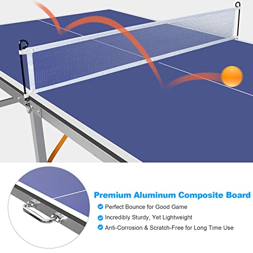 Mid-Size Table Tennis Table Foldable with Net, Foldable & Portable Ping Pong Table Set with 2 Table Tennis Paddles and 3 Balls for Small Spaces, Indoor/Outdoor Backyard Garden