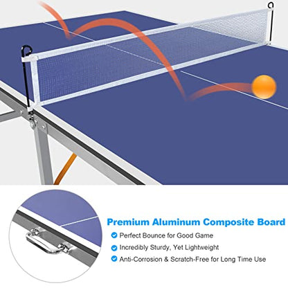 Mid-Size Table Tennis Table Foldable with Net, Foldable & Portable Ping Pong Table Set with 2 Table Tennis Paddles and 3 Balls for Small Spaces, Indoor/Outdoor Backyard Garden