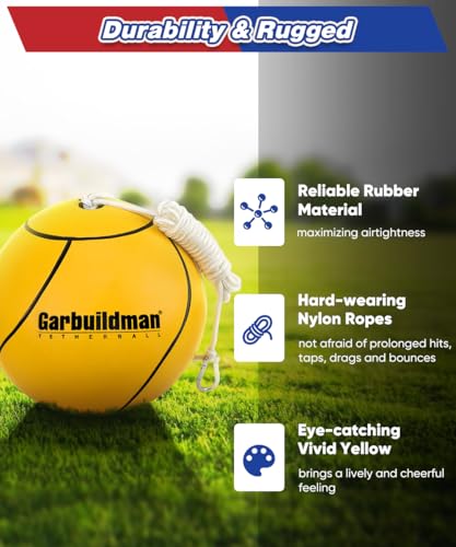 Garbuildman 8" Regulation Sized Tetherball, Rubber Tether Balls and Rope Set for Outdoor Backyard Game, Portable Replacement Tether Ball with Carabiner, Ball Pump for Kids Adults & Dogs