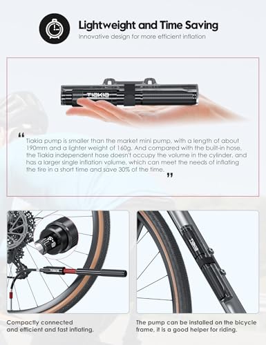 Tiakia Mini Bike Pump, Portable Bicycle Pump with Bracket, 260PSI High Pressure Frame Pump Air Hand Pump Fit Presta, Schrader & Woods Valves, Aluminum Alloy Tire Pump for Road/Mountain Bikes, Balls