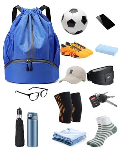 BROTOU Soccer Bags, Football Backpack, Volleyball Bag, Drawstring Backpack with Ball and Shoe Compartment, Football bags for Equipment Swim Gym Bag - color: Blue