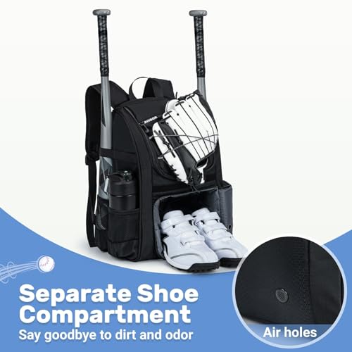 KAVIGOR Youth Baseball Bag, Softball Bag for Girls & Boys, Kids Tball Backpack with Shoes Compartment - color: Black