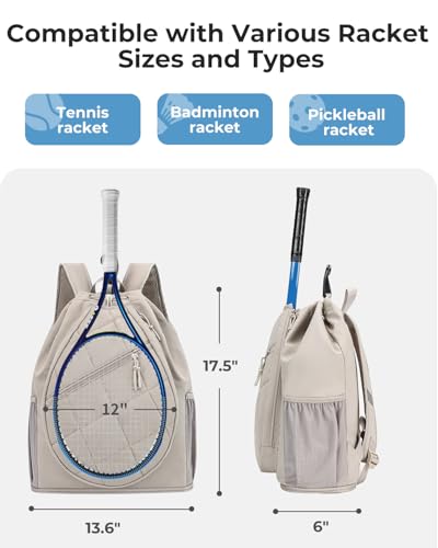 Drawstring Tennis Backpack, Puffer Tennis Racket Bag with Shoe Compartment & Wet Pocket Gym Bag for Women, Suitable for Pickleball Tennis Badminton - color: Camel