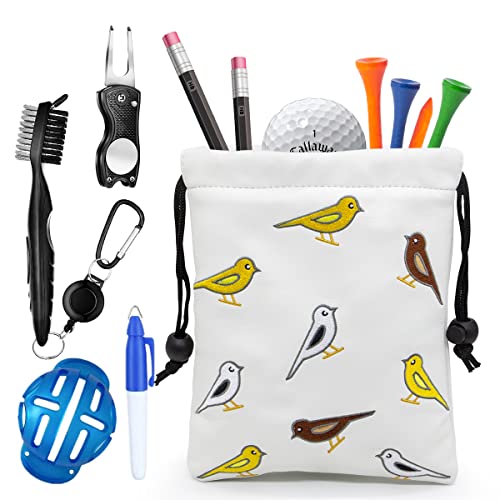 Golf Valuables Pouch, Leather Golf Tee Pouch with Drawstring Closure Golf Ball Tee Handbag Portable Golf Accessories - color: Birdie Birds