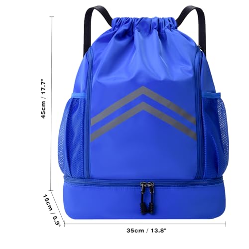 Sports Drawstring Backpack Bag - Waterproof Gym Drawstring Bags with Shoes Compartment and Water Bottle Pockets - Cinch String Backpack - Swim Drawstring Beach Bags for Women & Men, Royal Blue - color: Royal Blue