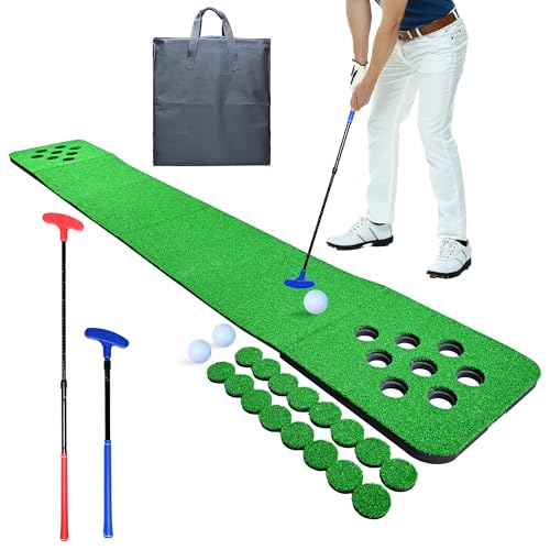 Golf Putting Mat for Indoor & Outdoor Practice, Portable Artificial Putting Green Set with 2 Putters, 2 Golf Balls, 16 Hole Covers & Carry Bag for Home, Office & Backyard Training