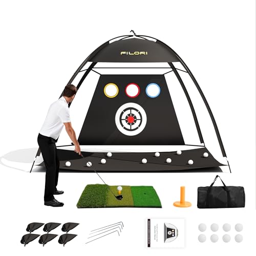 FILORI Golf Practice Net 10x7FT Heavy-Duty Golf Hitting Net with Tri-Turf Mat, 8 Balls, Tee & Carry Bag, Indoor/Outdoor Backyard Training for Driving Chipping Swing - color: Black