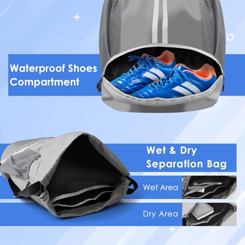 BROTOU Soccer Bags, Football Backpack, Volleyball Bag, Drawstring Backpack with Ball and Shoe Compartment, Football bags for Equipment Swim Gym Bag - color: Light Gray