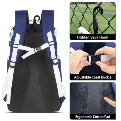TPAID Baseball Backpack Large Capacity Softball Bag with Shoes Compartment and Fence Hook, Lightweight Baseball Equipment Bag Holds Bats, Helmets, Gloves, Hats, Clothes, Shoes - color: Blue-B, size: 2 Bat Baseball