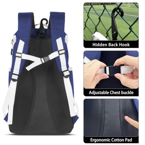 TPAID Baseball Backpack Large Capacity Softball Bag with Shoes Compartment and Fence Hook, Lightweight Baseball Equipment Bag Holds Bats, Helmets, Gloves, Hats, Clothes, Shoes - color: Blue-B, size: 4 Bat Baseball