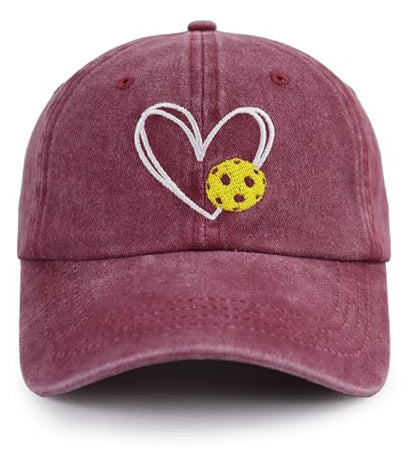 Pickleball Baseball Cap for Men Women, Funny Adjustable Embroidered Cotton Outdoor Sport Pickle Ball Heart Hat - color: Burgundy