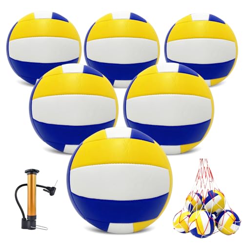 Official Size 5 Volleyball Balls, Waterproof Soft Bulk Recreational Volley Balls with Pump and Net Bag for Beach Pool Sand Training for Beginner - color: Yellow/6Pack