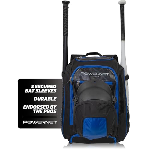 PowerNet Baseball Softball Backpack, Choose from 3 Colors Red Black Blue, Padded Helmet Carrier, Dual Bat Sleeves, Vented Cleat Compartment, Fence Hook, Hook and Loop Batting Glove Area - color: Blue