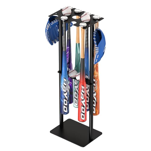 QBA Baseball Bat Holder Stand, Free Standing Bat Rack Holds Up to 8 Bats, 5 Balls, 4pcs Gloves, Bat Organizer for Home Garage Dugout, Black
