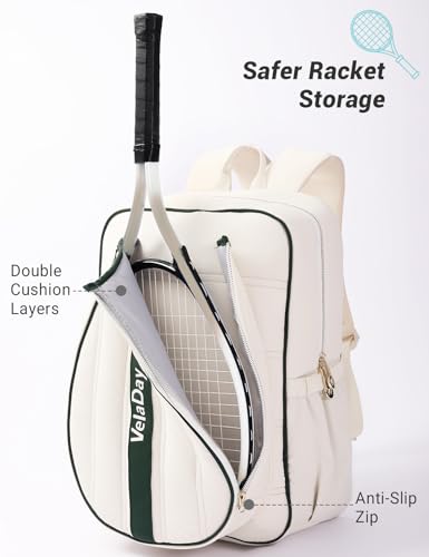 Quilted Tennis Bag for Women Men- Large Tennis Backpack Holds 2 Rackets with Ventilated Shoe Compartment & Wet Pocket - color: Beige