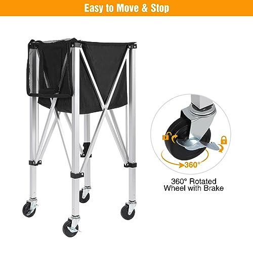 Portable Tennis Ball Hopper Holds 180 Balls, Tennis Ball Basket Cart with 4 Wheels & Brakes, Detachable Oxford Fabric Bag for Tennis and Pickleball Training, Black - color: Silver Aluminum
