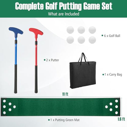ULTIMATE Golf Putting Game Set, Indoor Outdoor 11FT Golf Training Mat, Putting Green Mat w/ 2 Adjustable Putters, 6 Balls & 12 Hole Covers for Party, Backyard, Home and Office