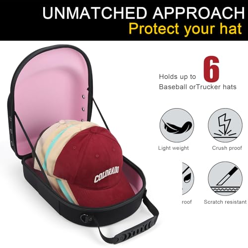 GERMUN Hard baseball hat case, Hat Carrier Travel Case with Adjustable Shoulder Strap, Hat cap case for 6 Baseball Caps - Perfect for Traveling & At-Home Storage (Black with Pink) - color: Black with Pink