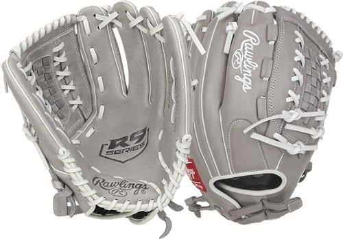 Rawlings | R9 Fastpitch Softball Glove | Multiple Styles - color: Grey | Double Lace Basket Web, size: 12.5"