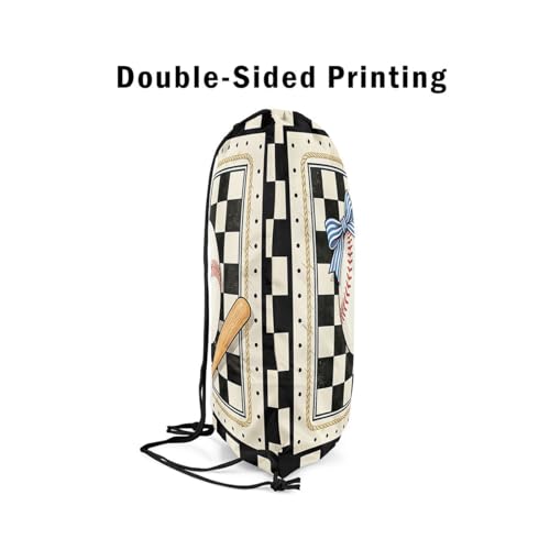 Castle Fairy Baseball Bow Drawstring Backpack Gym Bag,Black White Checkered Cinch Bag,Sports Gaming Foldable Draw String Back Bags Sports Bags,Black Beige - color: Black Beige