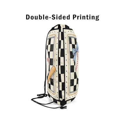 Castle Fairy Baseball Bow Drawstring Backpack Gym Bag,Black White Checkered Cinch Bag,Sports Gaming Foldable Draw String Back Bags Sports Bags,Black Beige - color: Black Beige