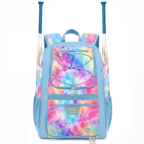 Youth Baseball Bag - Softball Bag for Girls & Boys with Shoes Compartment, Bat Backpack for Baseball, T-Ball & Softball Equipment - color: Tie-dye-Blue