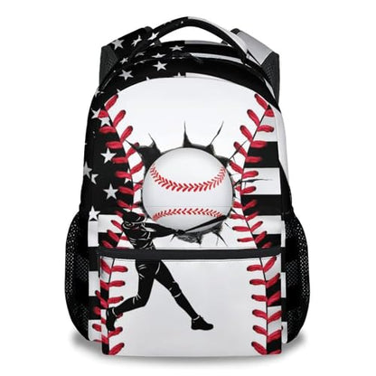 Mercuryelf Kids Backpack – Baseball School Bookbag for Boys and Teens, American Flag School Backpack for Preschool Kindergarten Elementary Students, 17 Inch - color: Black