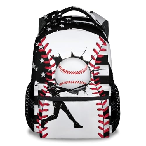 Mercuryelf Kids Backpack – Baseball School Bookbag for Boys and Teens, American Flag School Backpack for Preschool Kindergarten Elementary Students, 17 Inch - color: Black