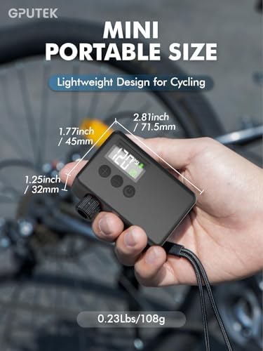 GPUTEK Mini Bike Tire Air Pump: Fast Inflate Portable Small Bicycle Electric Pump for Presta and Schrader Valves, 120 Psi High Pressure Pump with Digital Gauge for Road Bike, Mountain Bike, E-Bike