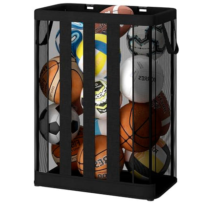 STO STO Ball Storage Basket, Wall-Mounted or Freestanding Garage Ball Organizer Holder, Holds up to 15 Balls, Sports Equipment Organizer with Elastic Front Access for Garage, Gym, Playroom, Black
