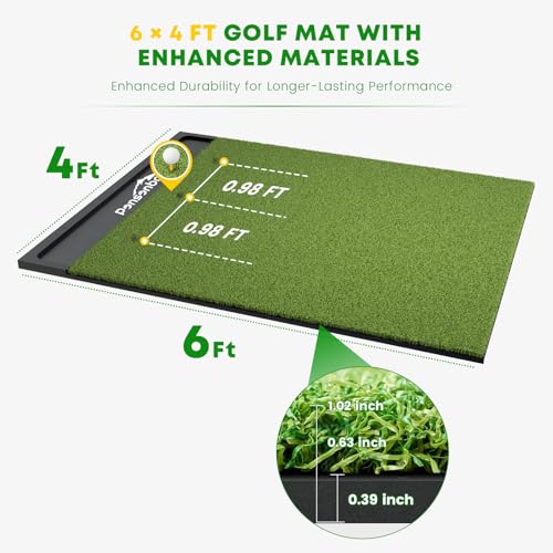 Integrated Golf Hitting Mat with Ball Tray, Thickening Golf Mats Practice Outdoor & Indoor Artificial Turf Matt with 3 Tees - size: 6 x 4 ft, 1.02 in (X-Large)