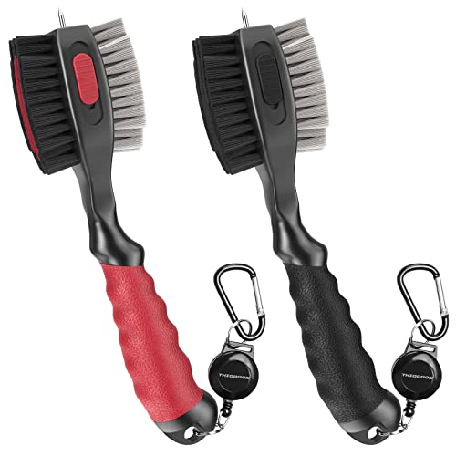 THIODOON 2 Pack Golf Club Brushes and Groove Cleaner 2 ft Retractable Zipline Carabiner Golf Brush Head with Retractable Spike Comfortable Grip Golf Club Cleaner - color: 2pcs Black & Red