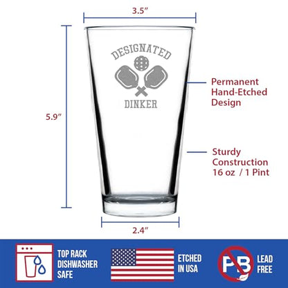 Custom Designated Dinker - Pint Glass for Beer - Funny Pickleball Themed Decor and Gifts - 16 oz Glasses - style: Custom