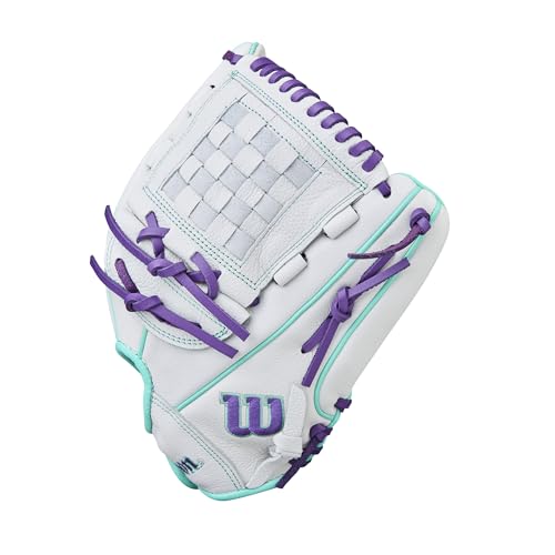 Wilson 2026 A500 Siren Fastpitch Softball Gloves - color: White/Seafoam/Purple, size: Infield/Pitcher: 12"