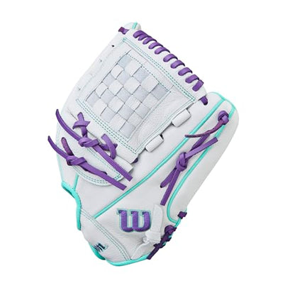 Wilson 2026 A500 Siren Fastpitch Softball Gloves - color: White/Seafoam/Purple, size: Infield/Pitcher: 12"