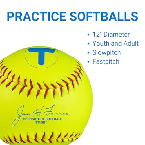 Tanner Tee 12 Inch Softballs 1/2 Dozen (6 ea) Practice Softballs with Synthetic Yellow Leather Cover, Red Stitching, and Poly Core Center for Fastpitch Softball and Slowpitch Softball