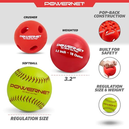PowerNet Crushers & Weighted Balls, Softball Baseball Hitting Trainer for Improved Speed, Power & Coordination, Batting Practice Softballs 24 Balls - style: Crushers & Softballs & 3.2" Weighted Balls
